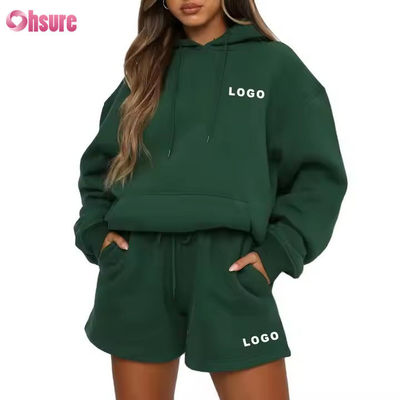 Χονδρικό Γυναικείο Σετ Φούτερ και Σορτς Oversized 2 Τεμαχίων με Κουκούλα Track Suit με Προσαρμοσμένο Λογότυπο