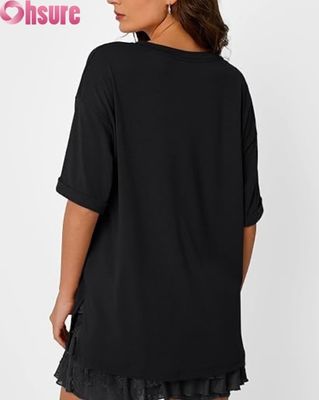 Γυναικείο Oversized Casual T-Shirt, Χαλαρής Εφαρμογής κοντομάνικο μπλουζάκι με σκίσιμο στο πλάι και βολάν στο τελείωμα