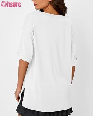Γυναικείο Oversized Casual T-Shirt, Χαλαρής Εφαρμογής κοντομάνικο μπλουζάκι με σκίσιμο στο πλάι και βολάν στο τελείωμα