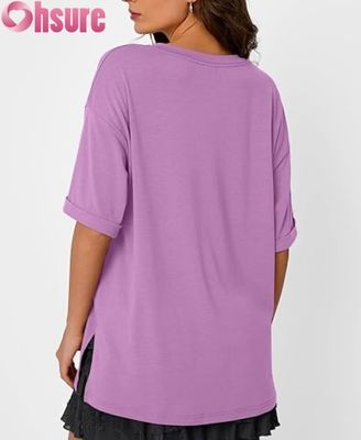 Γυναικείο Oversized Casual T-Shirt, Χαλαρής Εφαρμογής κοντομάνικο μπλουζάκι με σκίσιμο στο πλάι και βολάν στο τελείωμα