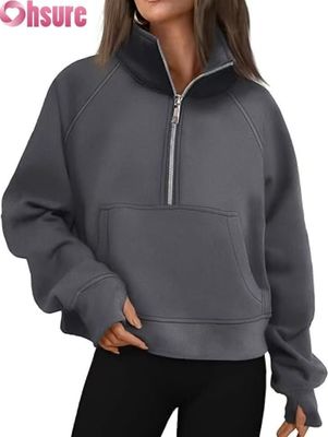 Προσαρμοσμένο Γυναικείο Fleece Pullover Hoodie με Μισό Φερμουάρ και Κοντό Κούμπωμα | Φθινοπωρινή Μόδα Φούτερ με Τέταρτο Φερμουάρ 2025