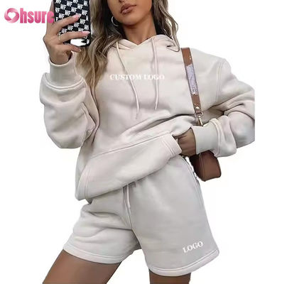 Χονδρικό Γυναικείο Σετ Φούτερ και Σορτς Oversized 2 Τεμαχίων με Κουκούλα Track Suit με Προσαρμοσμένο Λογότυπο