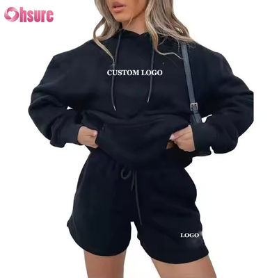 Χονδρικό Γυναικείο Σετ Φούτερ και Σορτς Oversized 2 Τεμαχίων με Κουκούλα Track Suit με Προσαρμοσμένο Λογότυπο