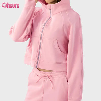 Προσαρμοσμένο λογότυπο Γυναικεία Vintage Full Zip Fleece Τζακέτο για χειμερινό τρέξιμο Γιόγκα γυμναστήριο Hoodie Τρύπες αντίχειρας Εφοδιασμός πλεκτό ύφασμα