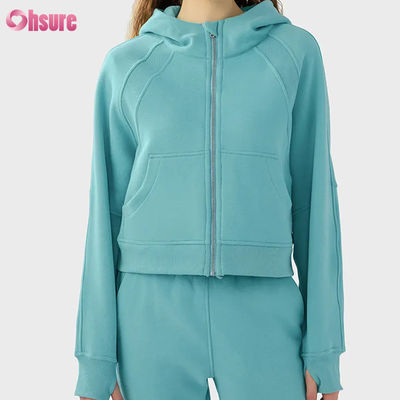 Προσαρμοσμένο λογότυπο Γυναικεία Vintage Full Zip Fleece Τζακέτο για χειμερινό τρέξιμο Γιόγκα γυμναστήριο Hoodie Τρύπες αντίχειρας Εφοδιασμός πλεκτό ύφασμα
