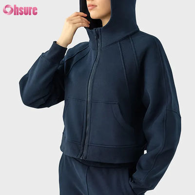 Προσαρμοσμένο λογότυπο Γυναικεία Vintage Full Zip Fleece Τζακέτο για χειμερινό τρέξιμο Γιόγκα γυμναστήριο Hoodie Τρύπες αντίχειρας Εφοδιασμός πλεκτό ύφασμα