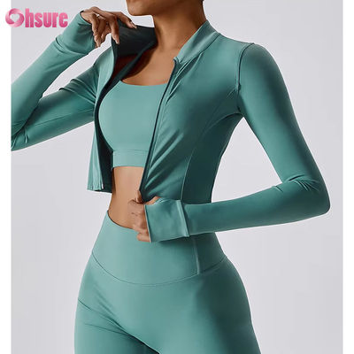Slim Fit Full Zipper Νάιλον/Spandex 230GSM Fitness Sport Crop Tops Long Sleeve Custom Logo Zipper Αθλητικά ρούχα για γυναίκες