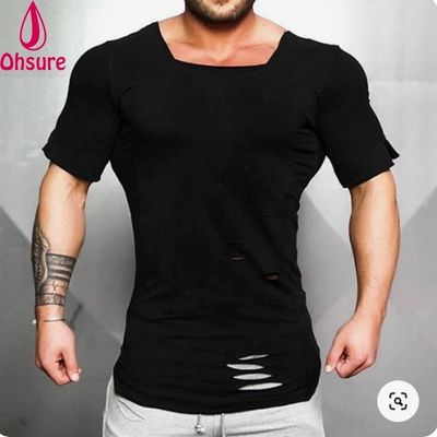 Νέο βαμβακερό ανδρικό T-Shirt - Vintage σκισμένο T-shirt με τρύπες - Ανδρική μόδα Casual Activewear Fitness T-shirt